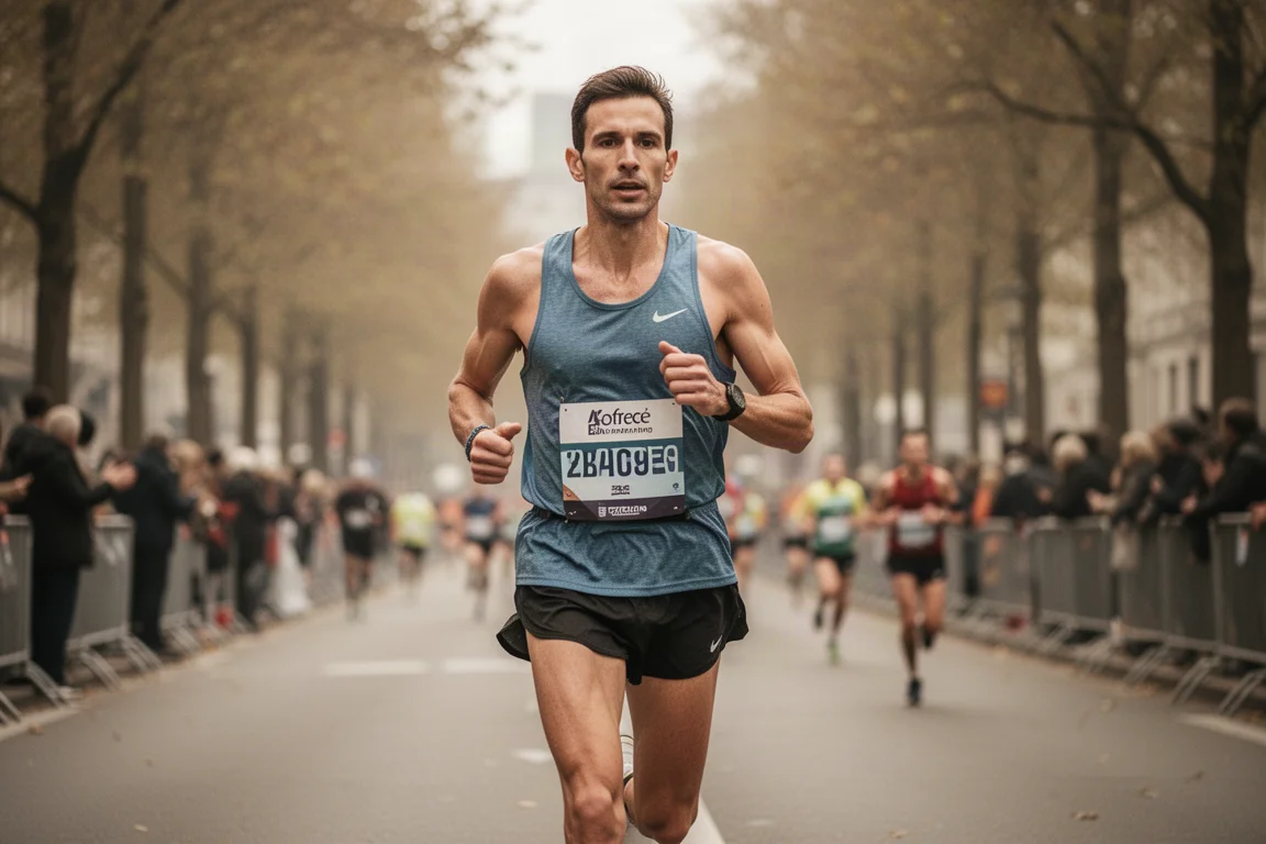 並木道の市街地を一定ペースで走るマラソンランナー