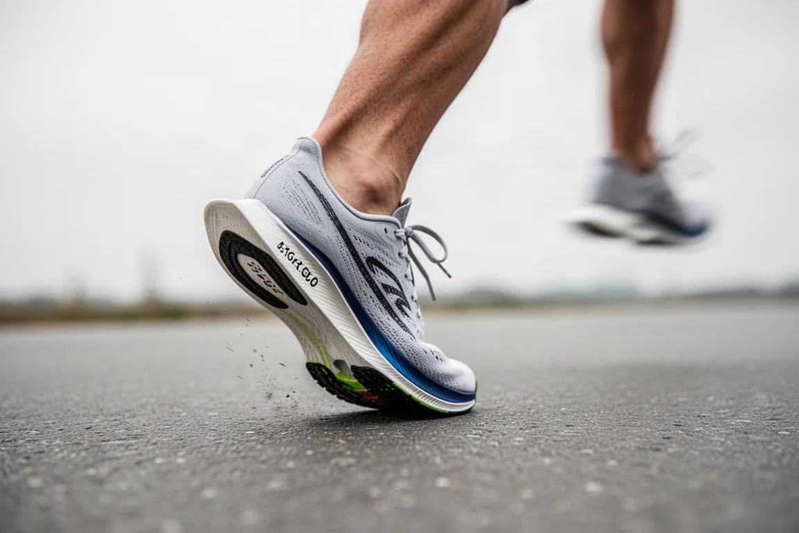 Runner putting down a fast midfoot strike on a paved road in a carbon-plated racing shoe