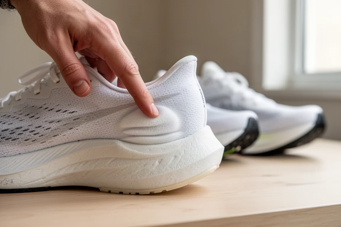 Close-up of a racing shoe midsole being pressed to show foam softness