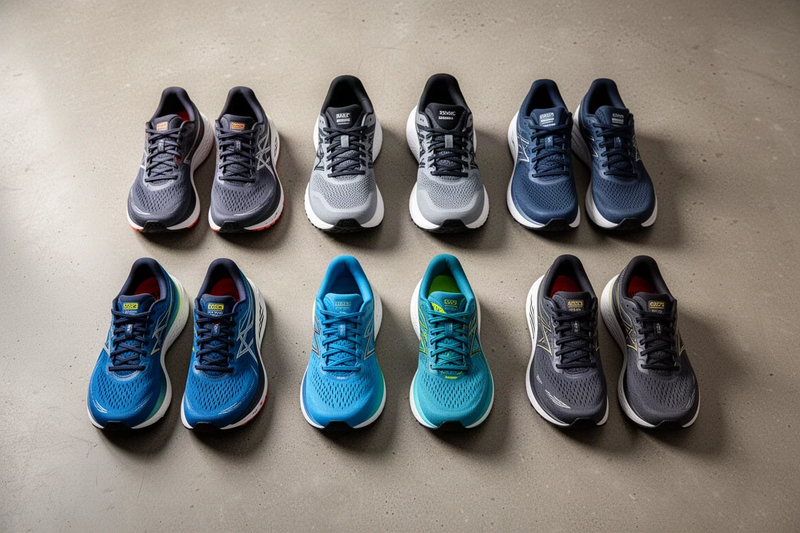 Marathon racing shoes arranged in two rows sorted by cushioning and aggressiveness