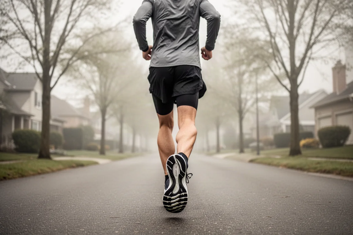 Runner jogging comfortably on a quiet suburban road in a well-cushioned trainer