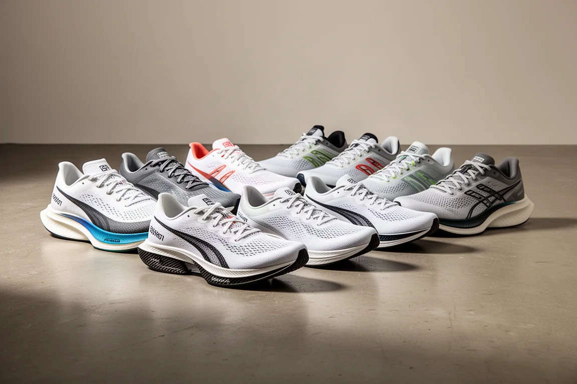 Two rows of marathon racing shoes arranged from aggressive to cushioned on a concrete floor