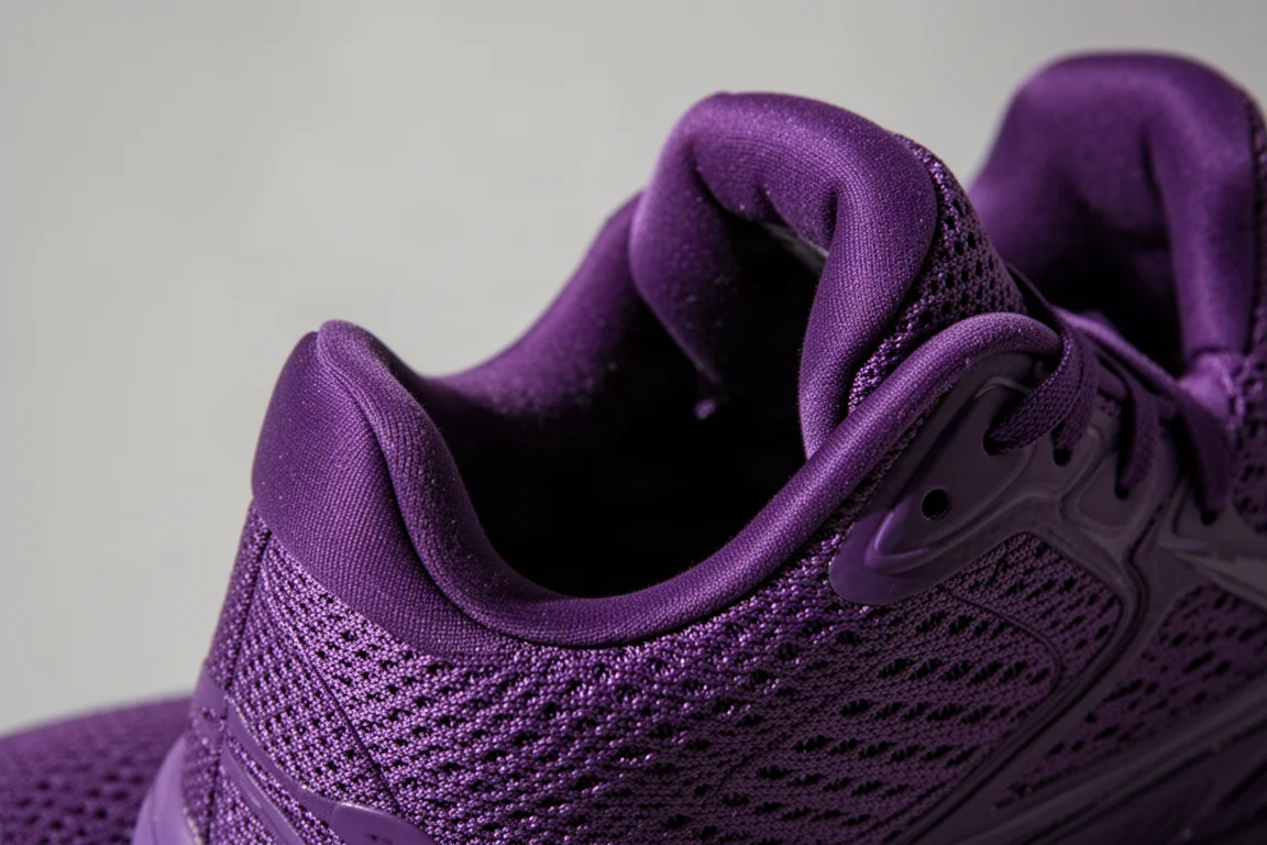Close-up of the thick padded tongue and engineered mesh upper of a purple running shoe