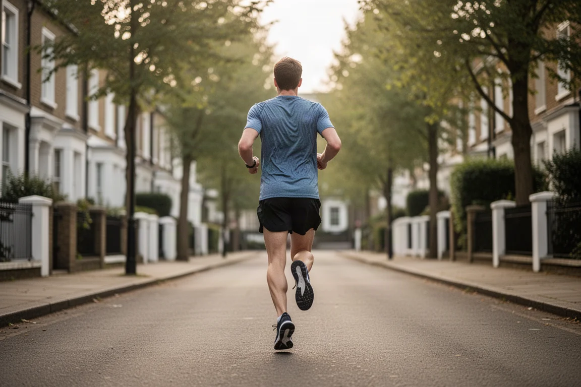 Runner cruising along a quiet London street at an easy pace in soft light