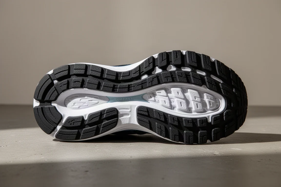 Underside of a running shoe showing thick rubber outsole pods at heel and forefoot