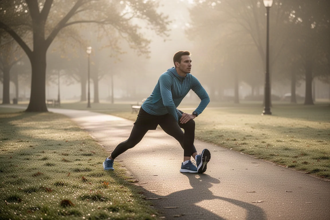 Runner stretching on a park path after a long easy run in warm light