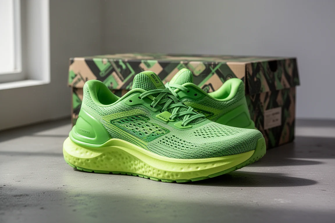 Rad Mallow max cushion running shoe in vivid green on a concrete surface