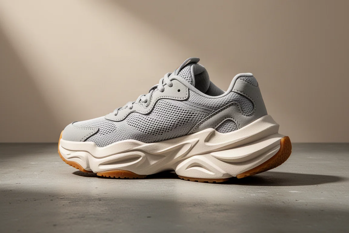 Chunky daily trainer running shoe with thick midsole on matte concrete surface