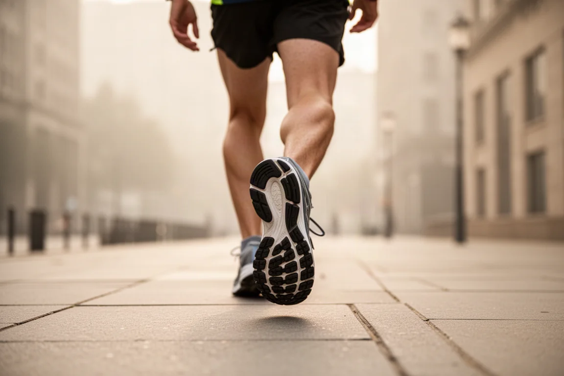 Löpare som joggar i lugnt tempo på ett stillsamt stadsgatstänke i mjukt morgonljus