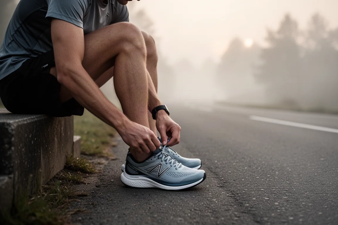 Runner lacing up a cushioned trainer on a quiet road at dawn