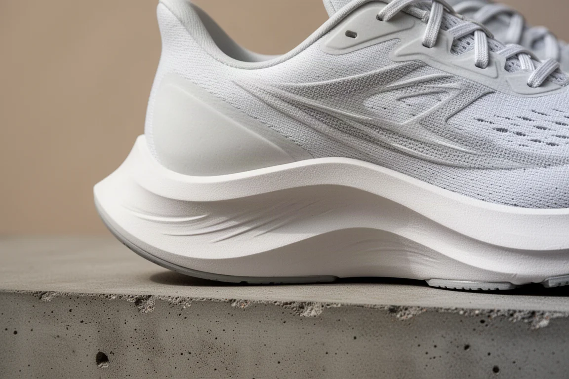 Close-up of a rocker-profile running shoe midsole on concrete