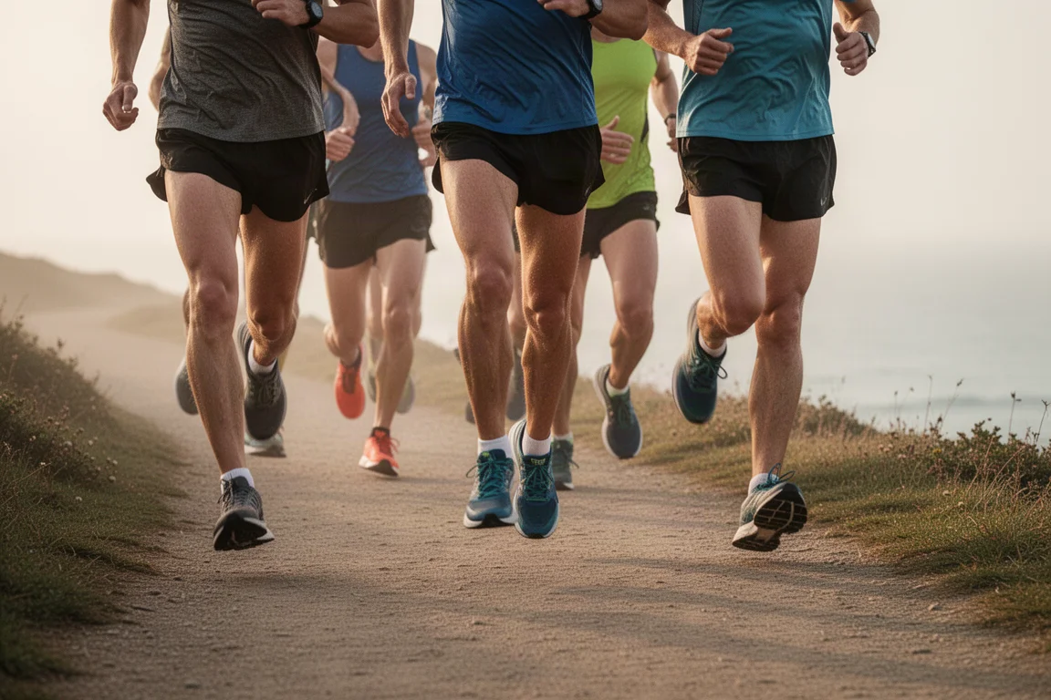 Group of runners heading out together on a coastal path