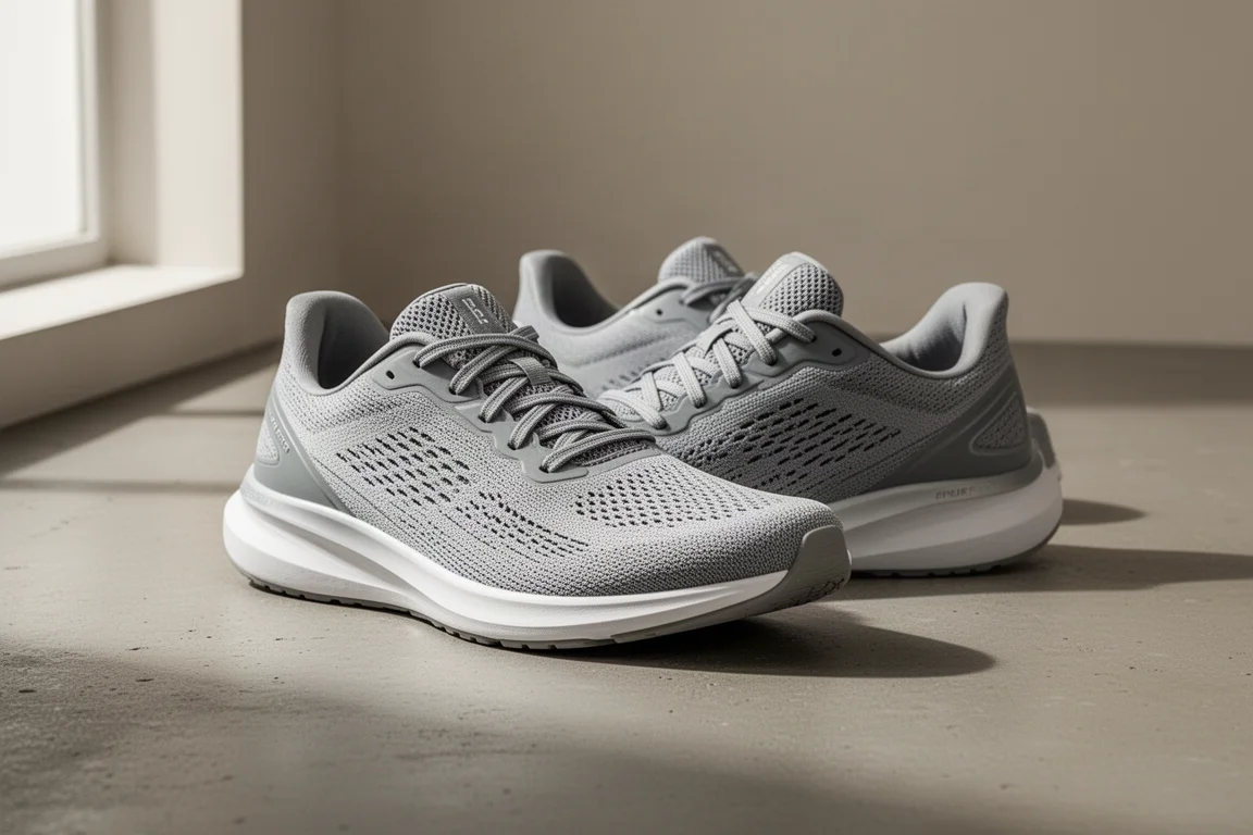 Coppia di scarpe da running leggere da allenamento quotidiano su una superficie di cemento opaco