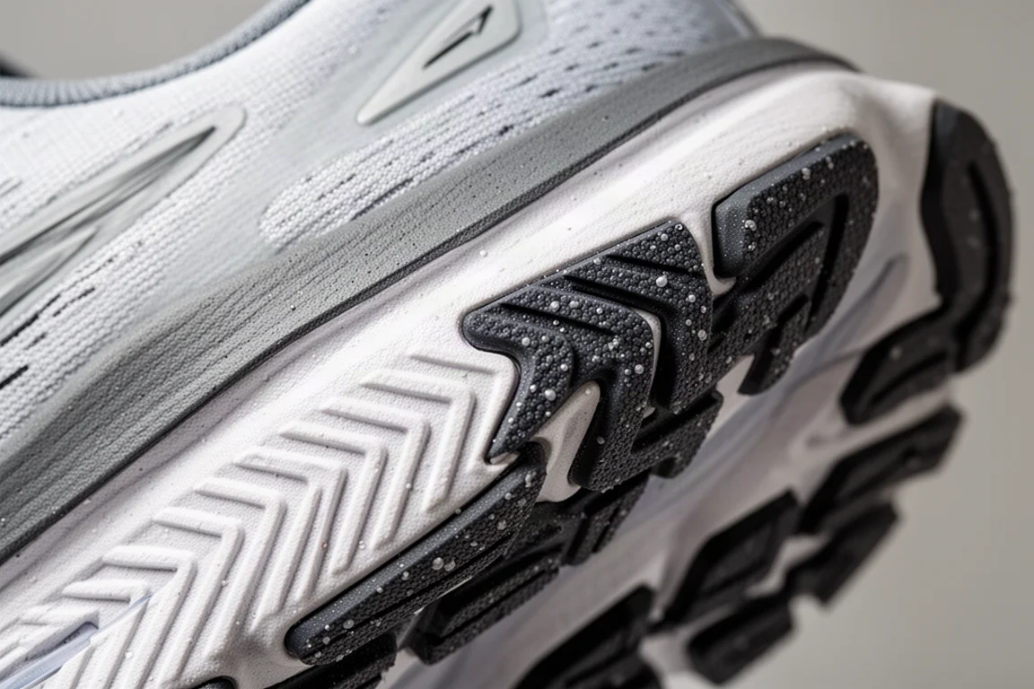 Close-up van een tussenzool van een hardloopschoen met stevige schuimcompressie