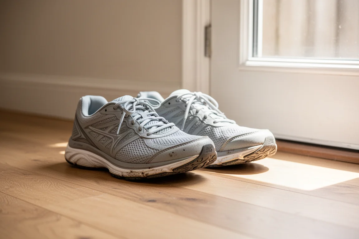 Vergelijking van lichte hardloopschoenen naast elkaar op een sportschoolvloer