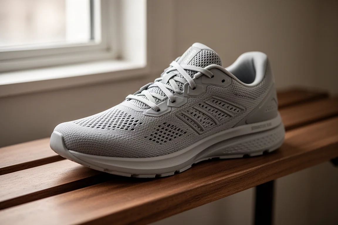 Close-up of the streamlined mesh upper of a running shoe on a wooden bench