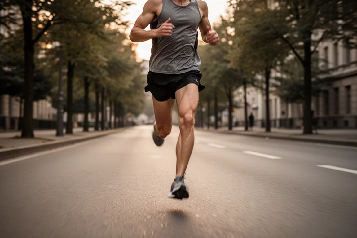 Runner picking up pace along a quiet tree-lined urban road