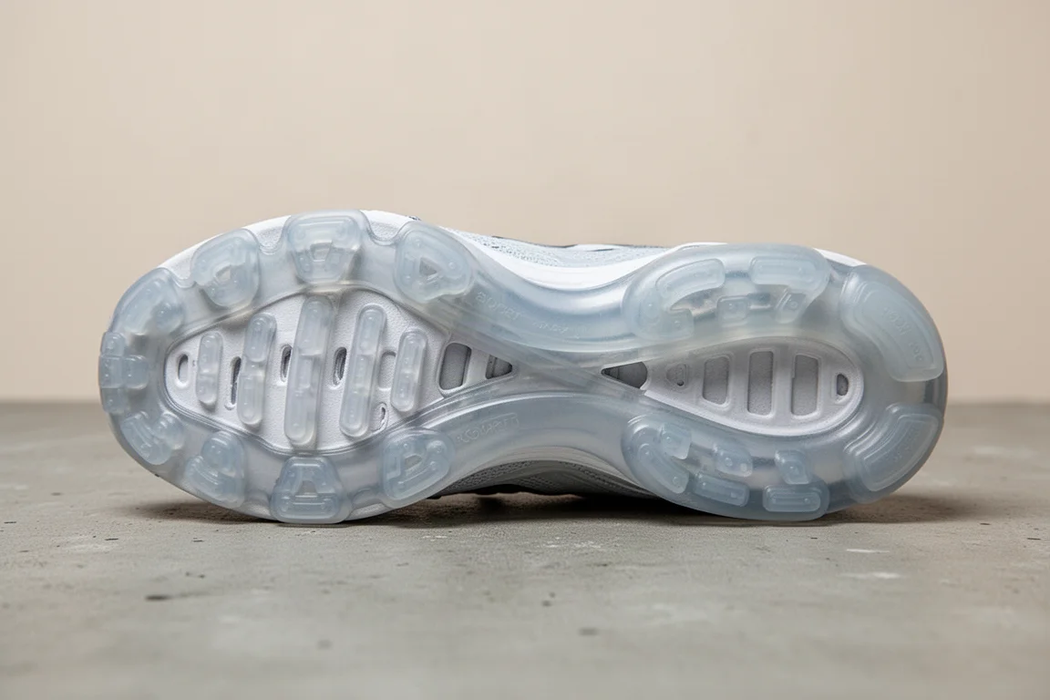 Close-up of a transparent rubber outsole with shallow lugs on the underside of a running shoe