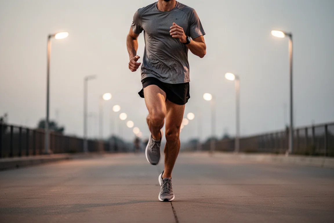 Runner finishing a short steady run on smooth pavement at dusk