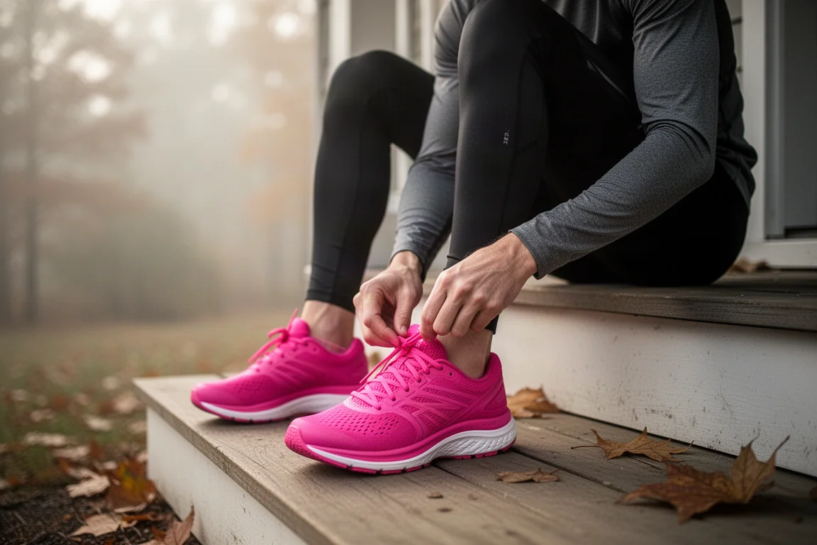 Un corridore allaccia una scarpa da running colorata su un portico nella morbida luce del mattino