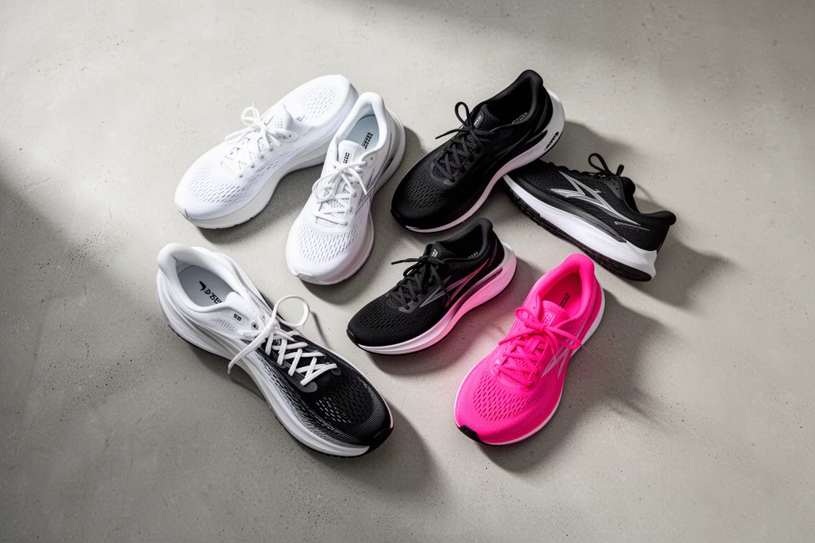 Scarpe da running disposte in flat-lay su una superficie neutra
