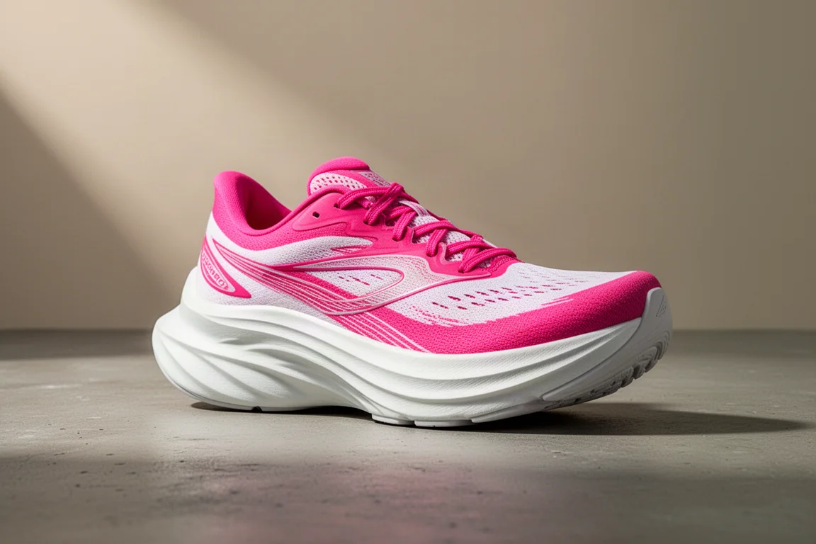 Bright pink high-stack running shoe with thick foam midsole on concrete
