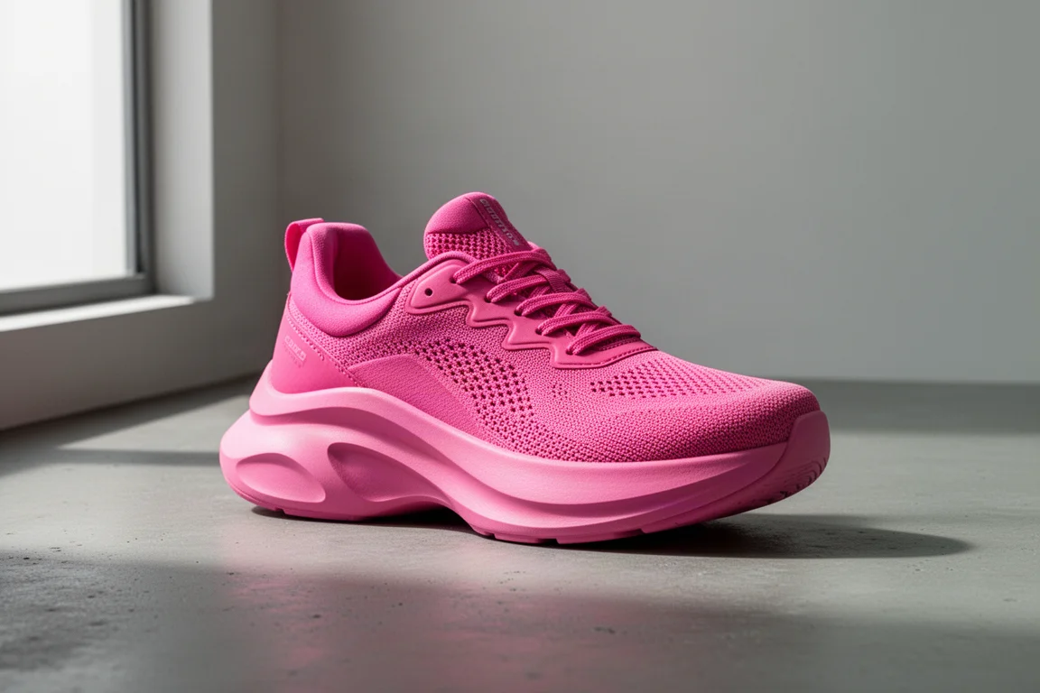 Scarpa da running Rad UFO rosa ad alto stack su una superficie di cemento opaco