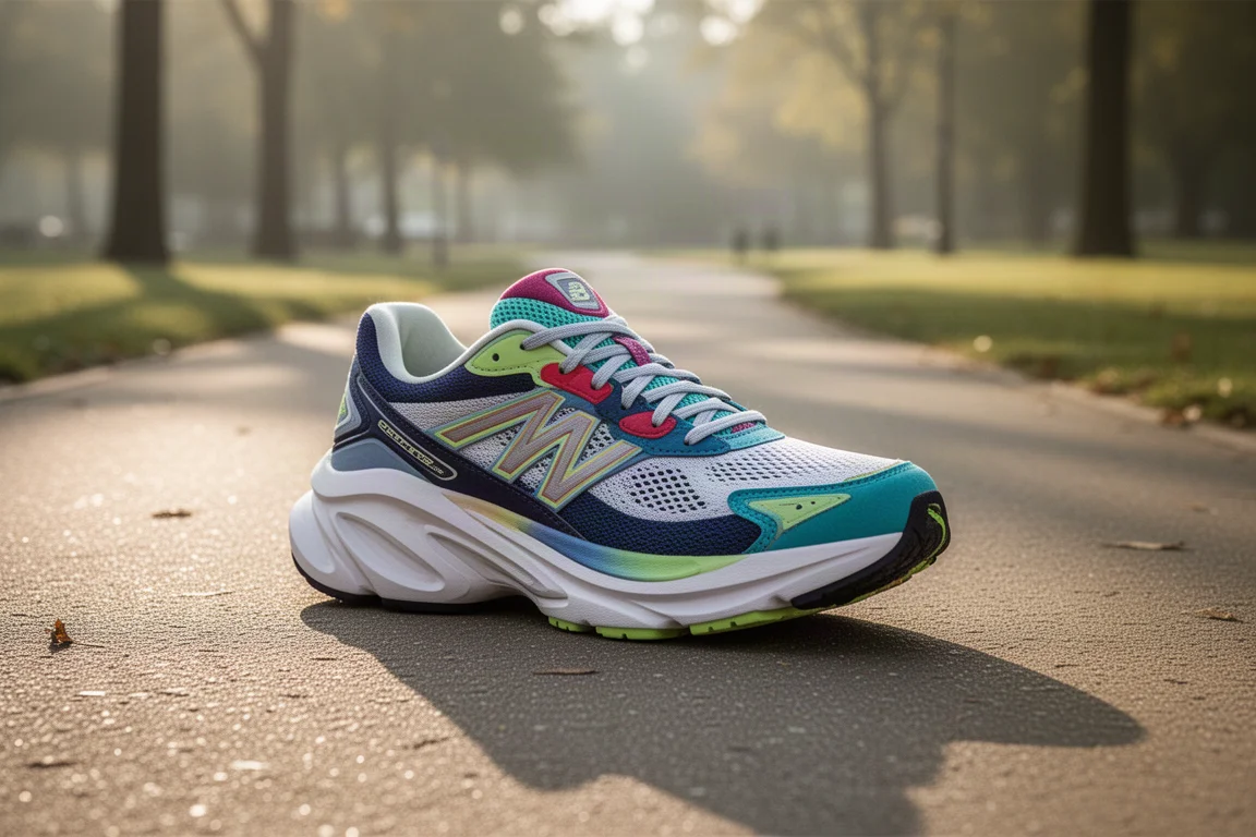Zapatilla de running de máxima amortiguación con plataforma ancha sobre asfalto iluminado por el sol