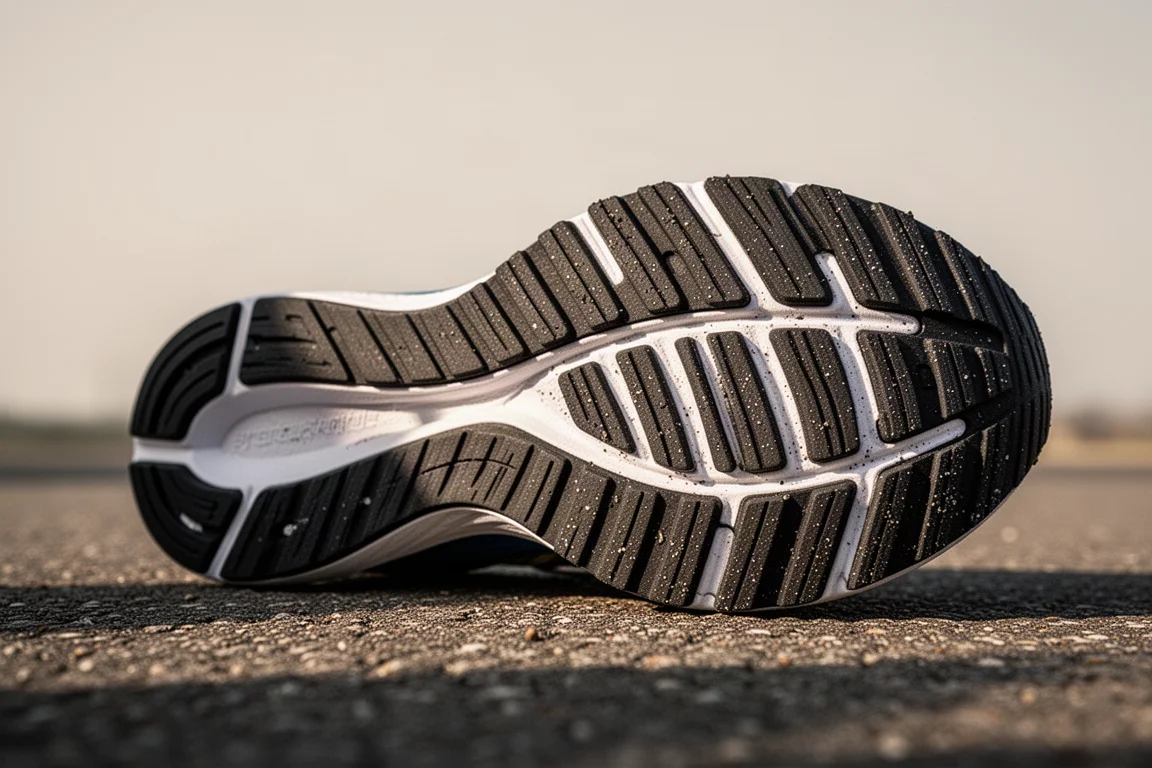 Primer plano de la goma de la suela exterior de una zapatilla de running con tacos profundos