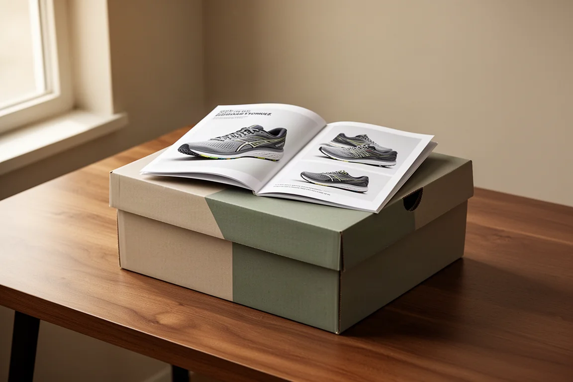 Caja de zapatillas de running con un pequeño libro de cuentos impreso encima