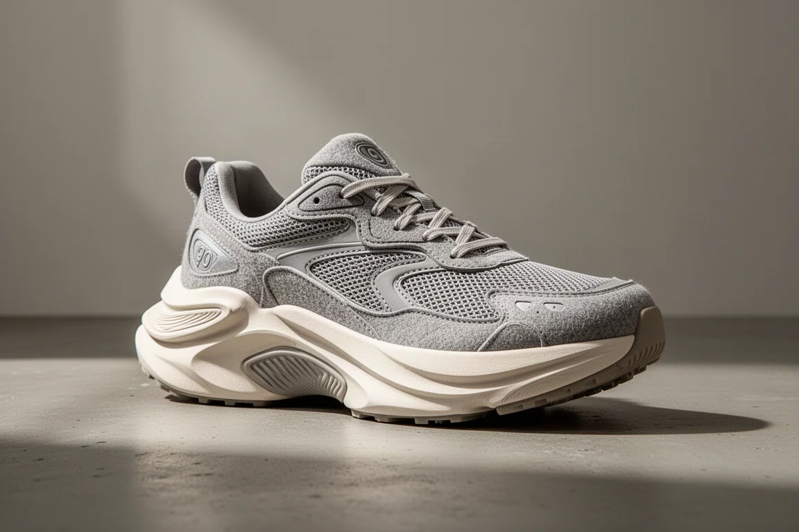 RAD UFO max-cushion running shoe on a concrete surface at three-quarter angle