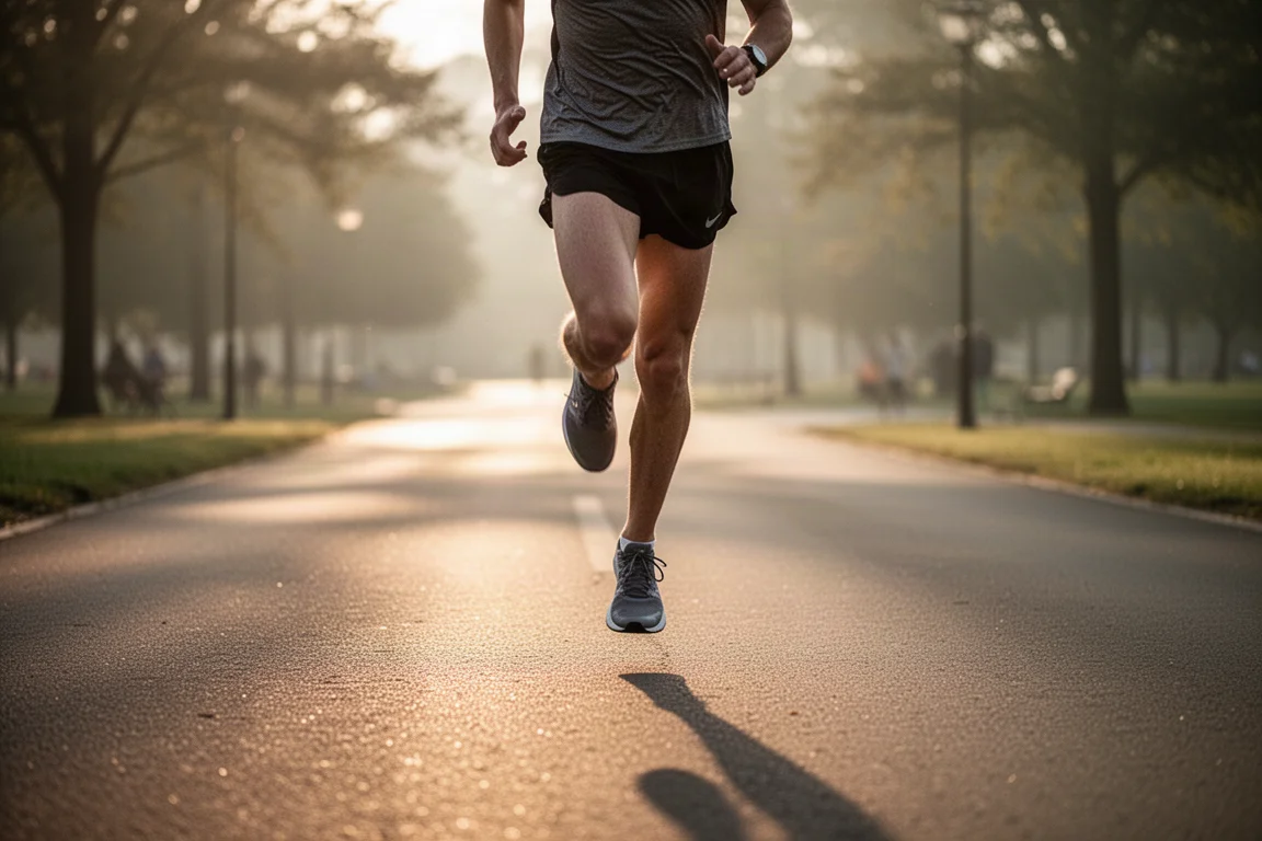 Läufer beim entspannten Morgenlauf auf der Straße bei weichem Licht