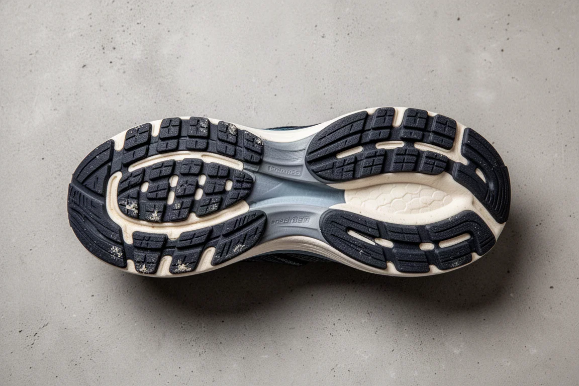 Gummiaußensohle eines Laufschuhs mit Grip-Profil und minimaler Abnutzung