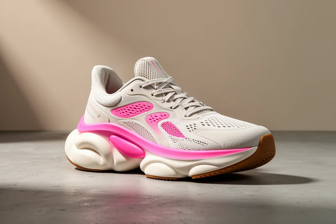 Scarpa da running RAD UFO ad alta ammortizzazione rosa e bianco crema su una superficie in cemento