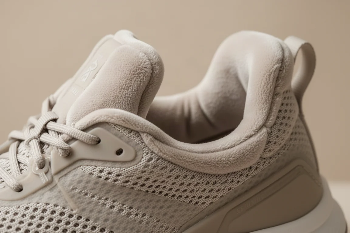 Nahaufnahme einer dick gepolsterten Schuhzunge und eines weichen Kragenbund an einem Laufschuh