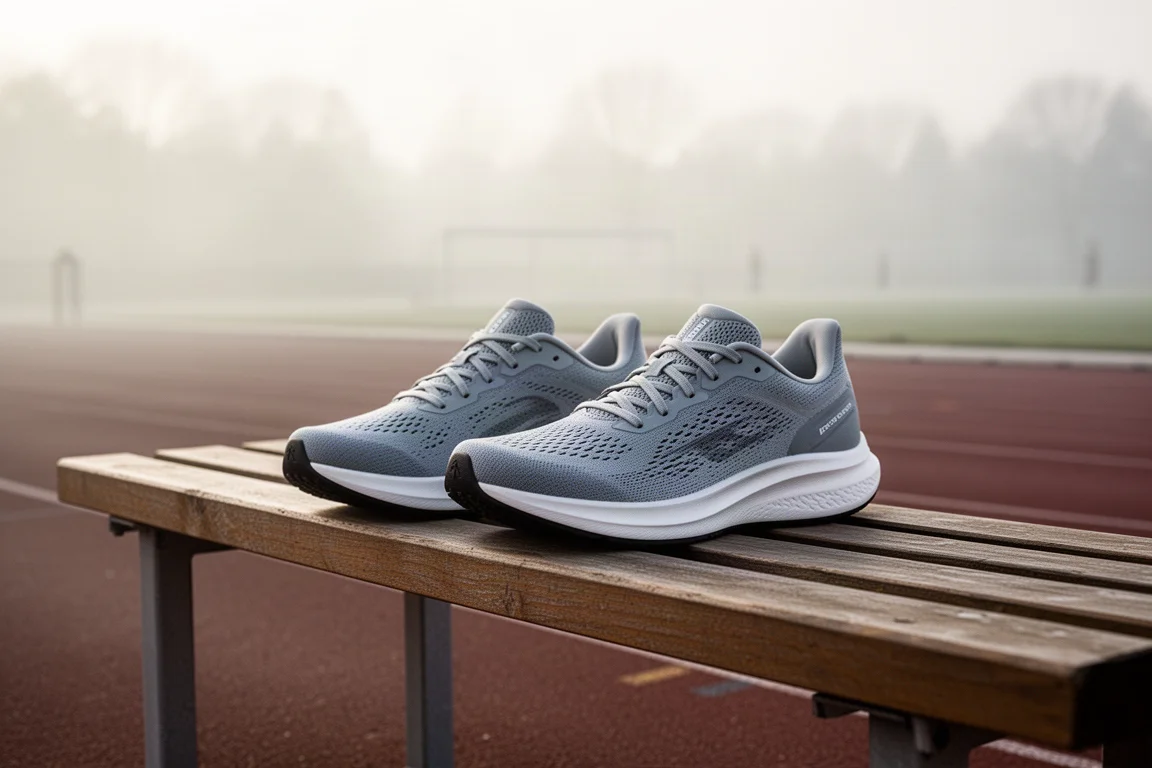 Paire de chaussures de running au maintien moelleux posées sur un banc au bord de la piste dans la lumière du matin