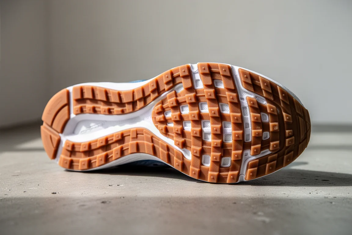 Gros plan sur la semelle extérieure à crampons gaufrettes d'une chaussure de running