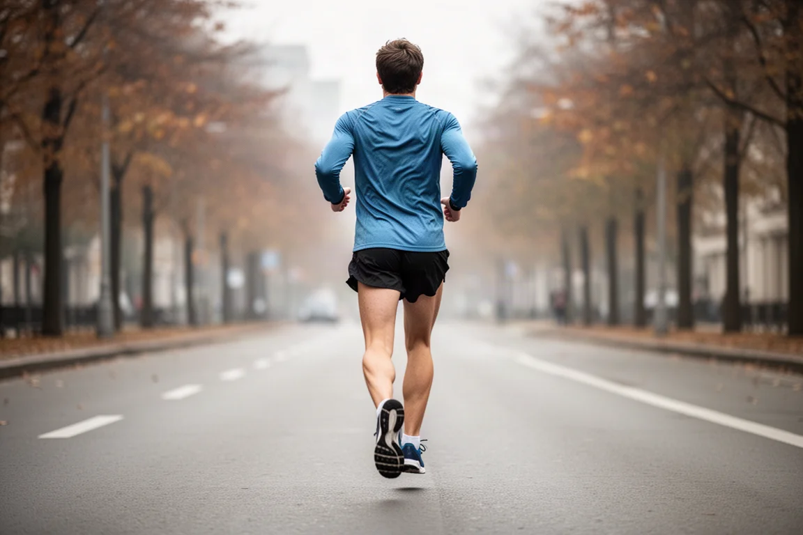 Coureur en pleine foulée lors d'une sortie facile en matinée sur une route urbaine tranquille
