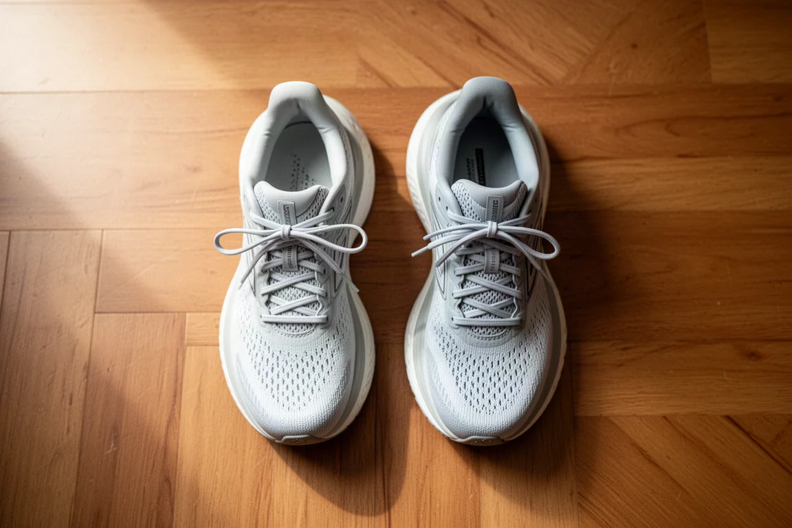 Rotation de chaussures de running disposées à plat sur un parquet en bois