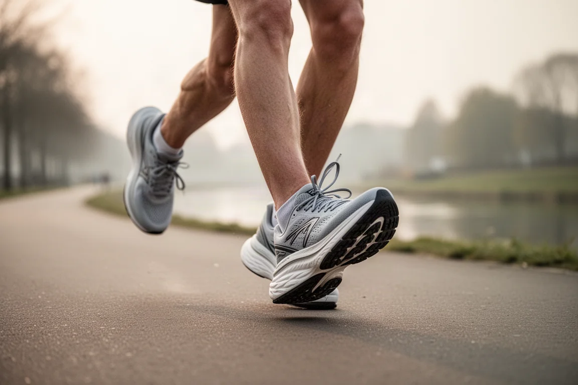 Runner ticking along at an easy pace on a smooth paved path in soft morning light