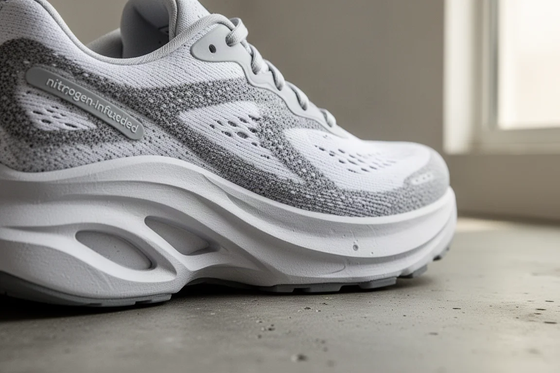 Close-up of a chunky nitrogen-infused foam midsole showing rocker geometry