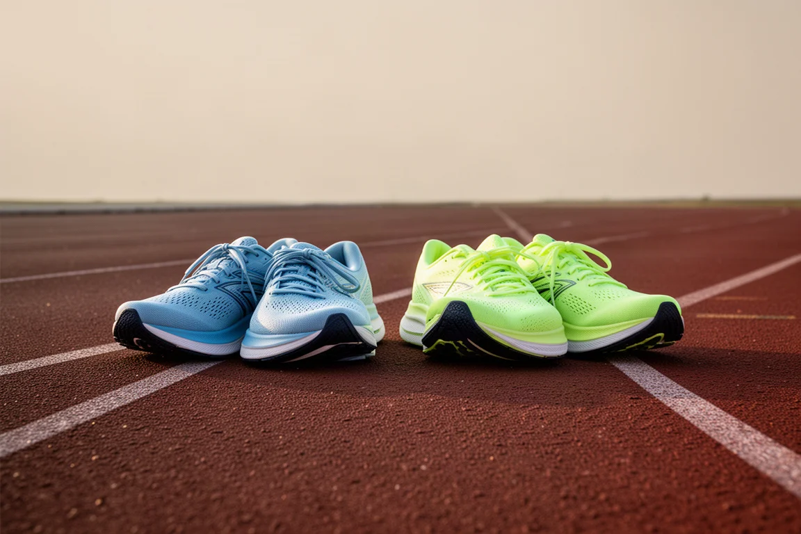 Two pairs of running shoes side by side on a track edge during a test session