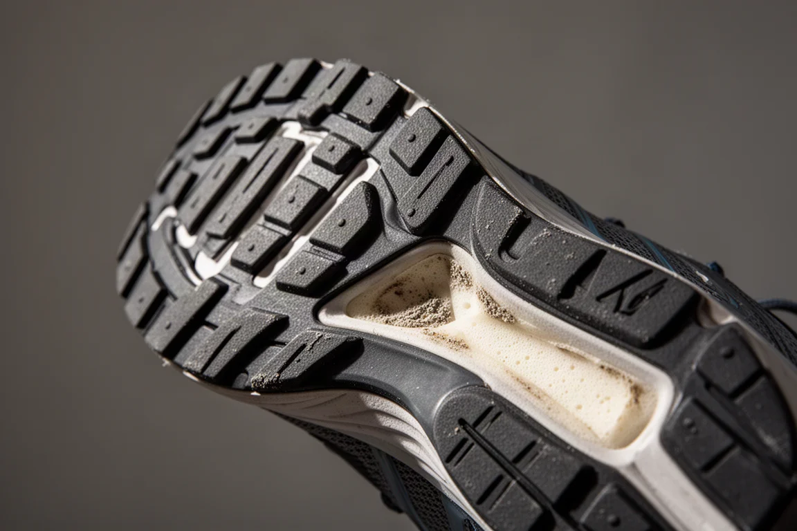 Close-up of a thick rubber outsole with visible tread pattern and minor wear