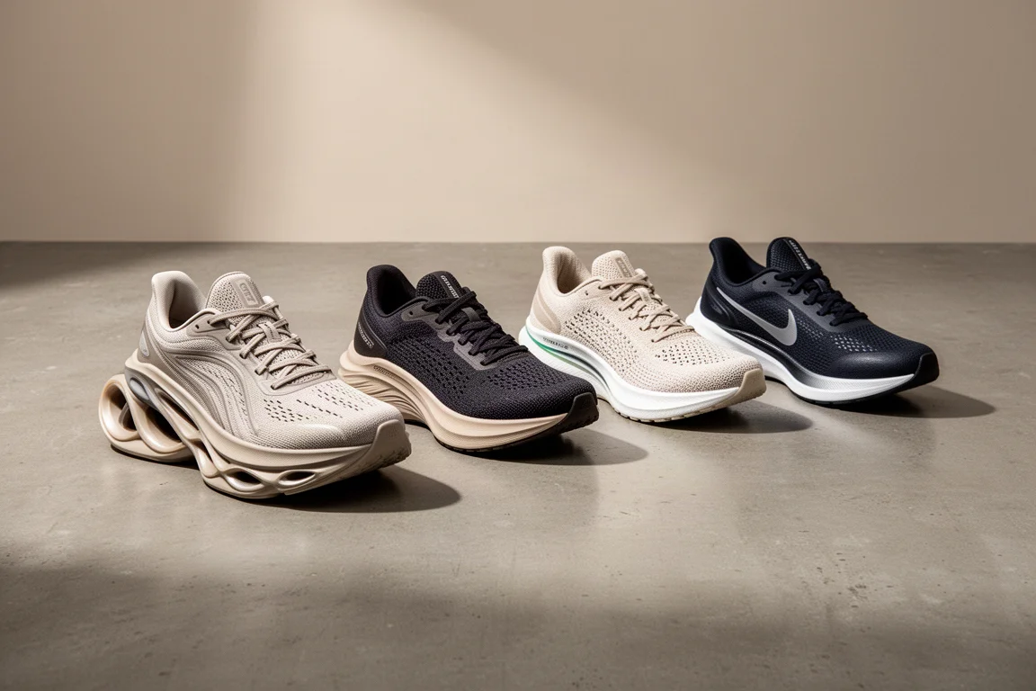 Four max-cushioned running shoes lined up on a concrete studio floor