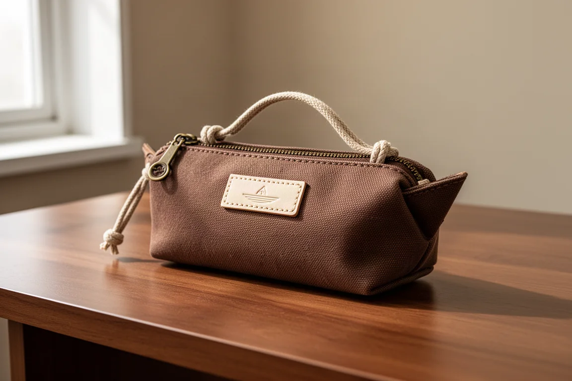 Brown boat-shaped canvas pen case with leather name plate on a wooden desk