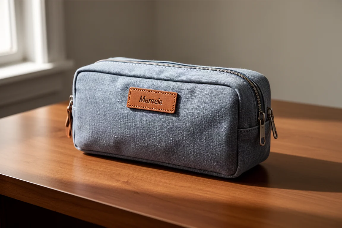 Blue-grey canvas pen case with leather name plate on a wooden desk