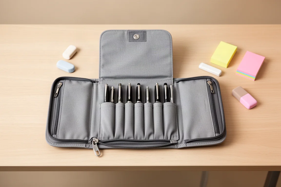 Plumier tri-fold abierto mostrando portabolígrafos, una solapa y bolsillos laterales con cremallera