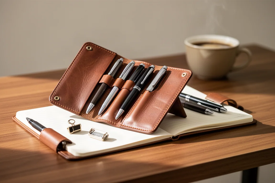 Configuración de papelería sobre un escritorio con el plumier listo para una sesión de trabajo