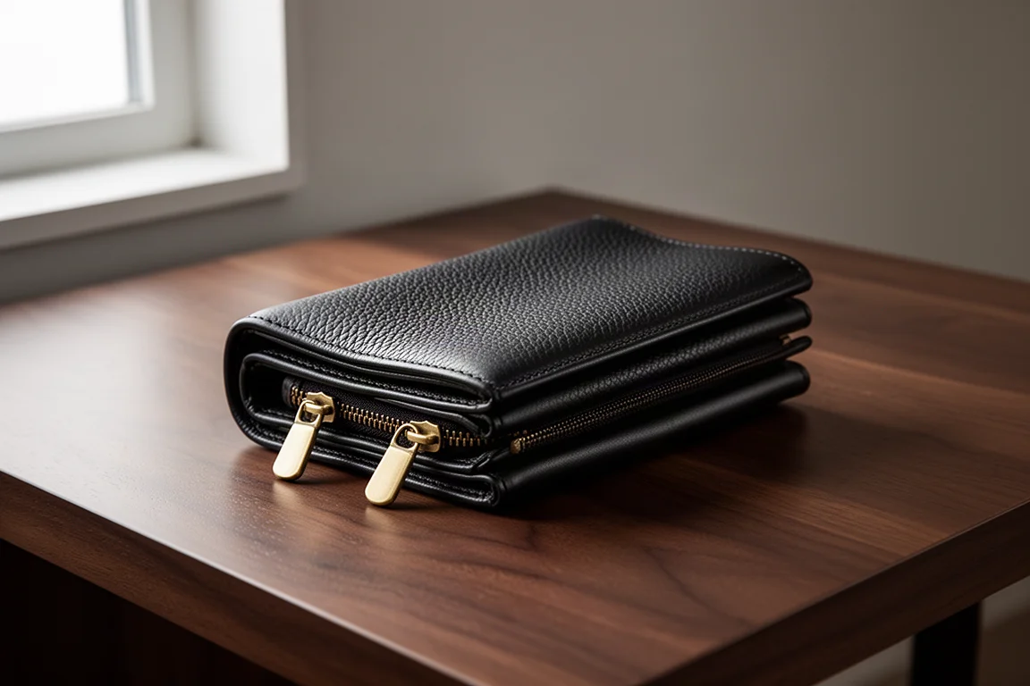 Astuccio porta penne in pelle nera pieghevole con cerniere in ottone su una scrivania in legno scuro