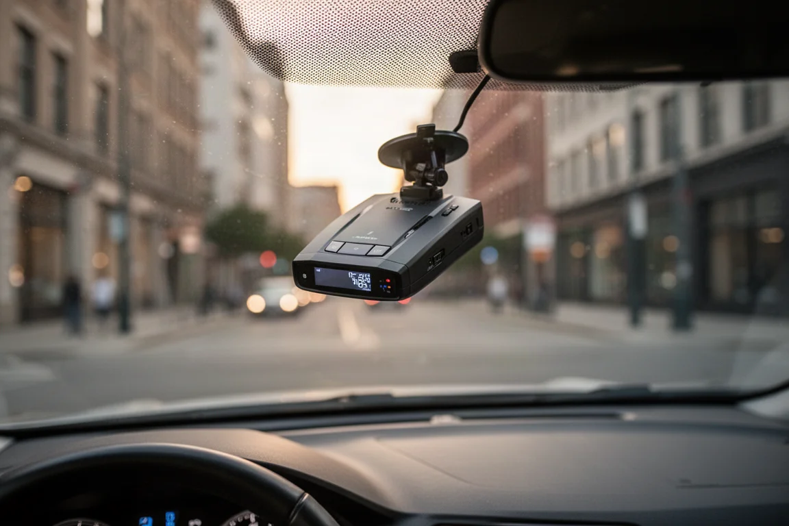 Radar detector mounted on a windshield with a city street visible through the glass